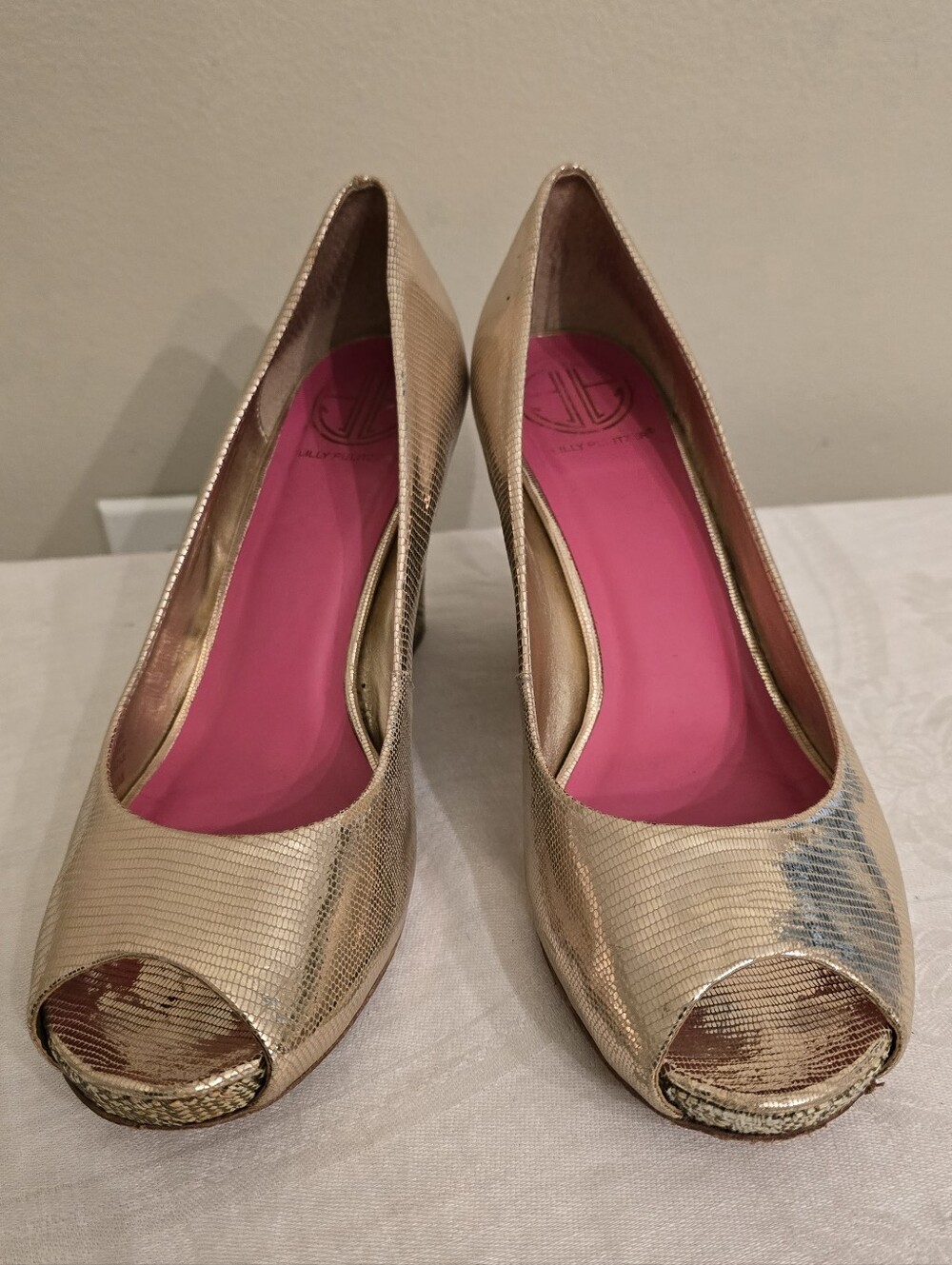 Lilly Pulitzer Gold Metallic Peep-Toe Wedge Heels Size 9.5